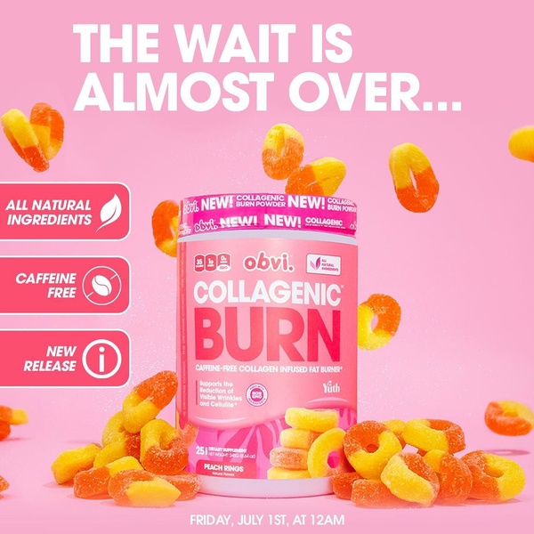 A clean, high-contrast product announcement featuring floating peach rings to emphasize flavor and texture, combined with clear benefit badges.